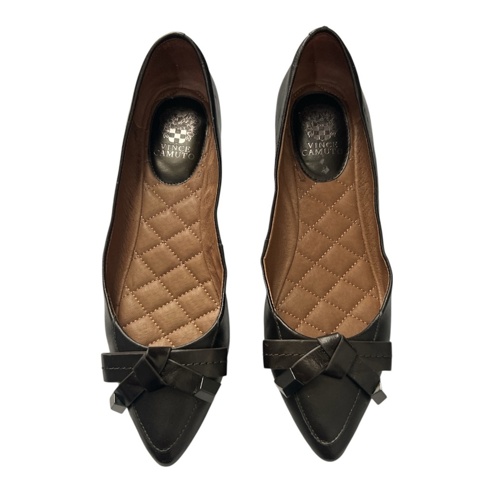 Vince Camuto Black Leather Flats with Bow, Size 9M,‎ Pre-owned